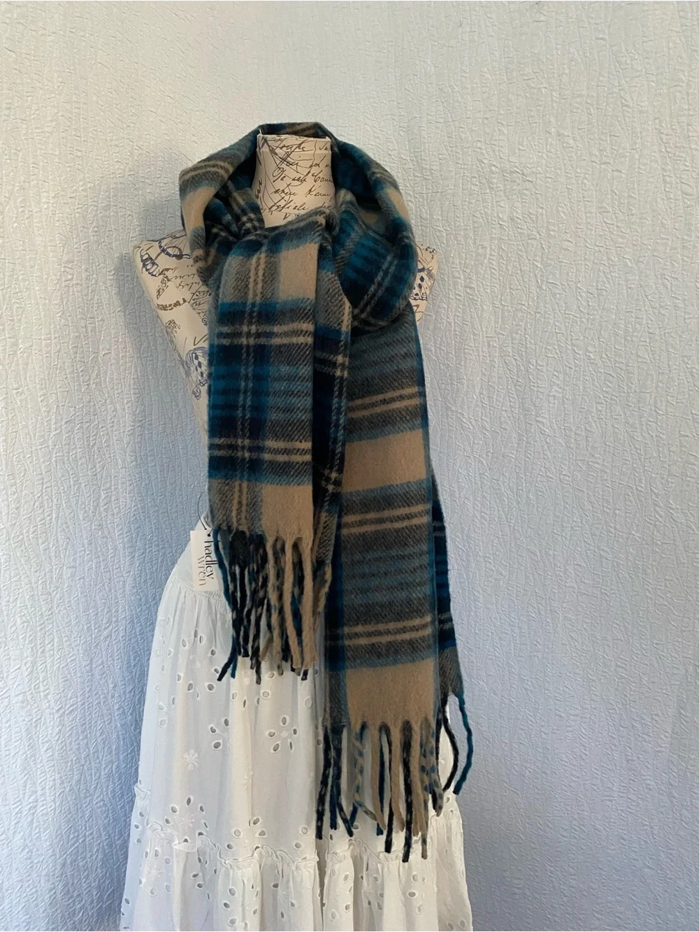Plaid Fringe Wrap Scarf in Tan and Teal